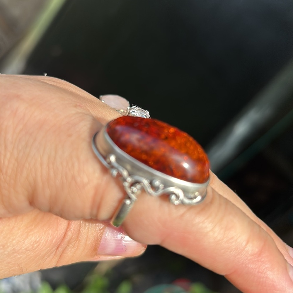 Vintage-Inspired Orange and Silver Amber Ring (size 10 -1/2 or 11)